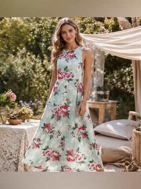 Mint Floral Sleeveless Dress ALine Fit&Flare Spring Summer Boho Cottagecore Midi